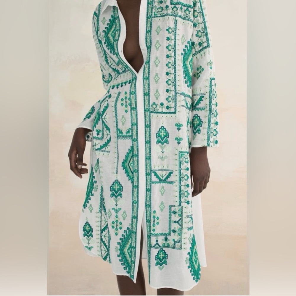 NWT Zara White Green Embroidered Tunic Shirt Dress Boho Small
